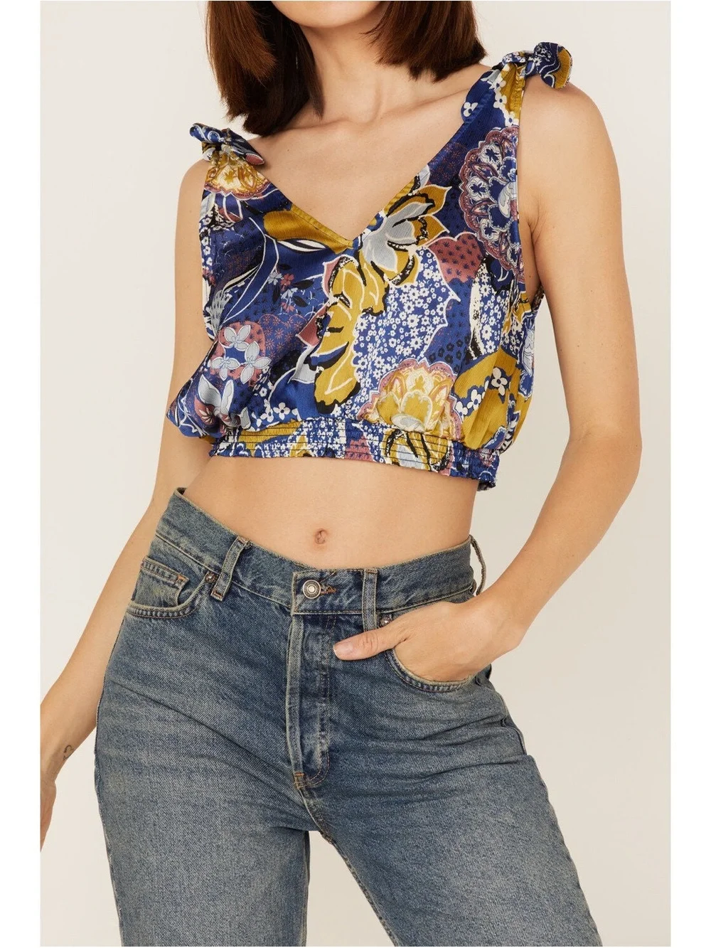 FREE PEOPLE WOMEN'S WEEKEND IN MONTAUK FLORAL PRINT CROPPED TANK TOP Size M